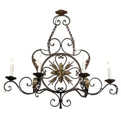 Mid-Century French  Black and Gold Iron Chandelier, circa 1940