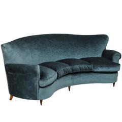 Italian Mid-Century 1950s Vintage Curved Blue Velvet Sofa with Down Cushions 1