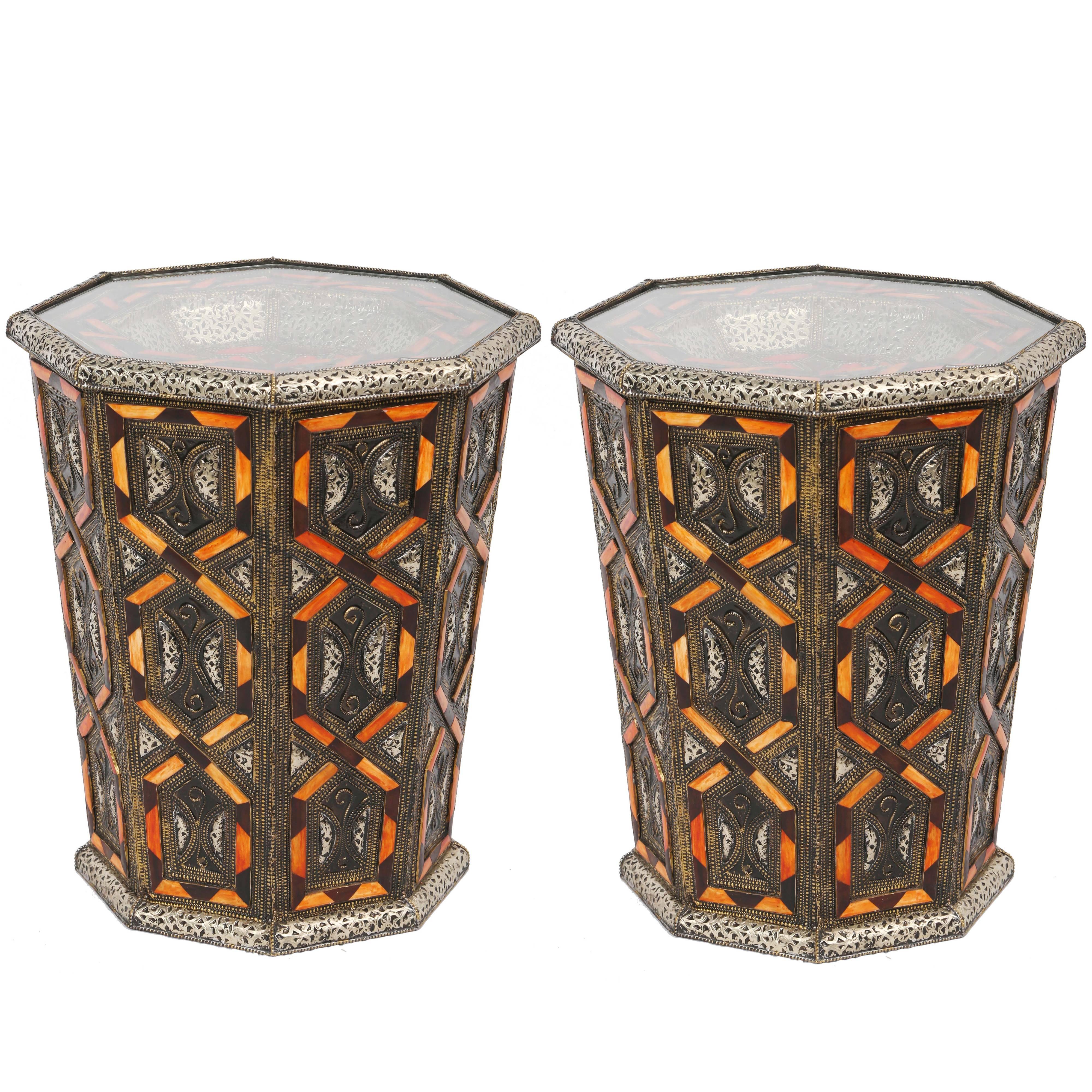 2/pr Moroccan Metal Side Table Inlaid with Orange or white Faux Bone Decoration For Sale