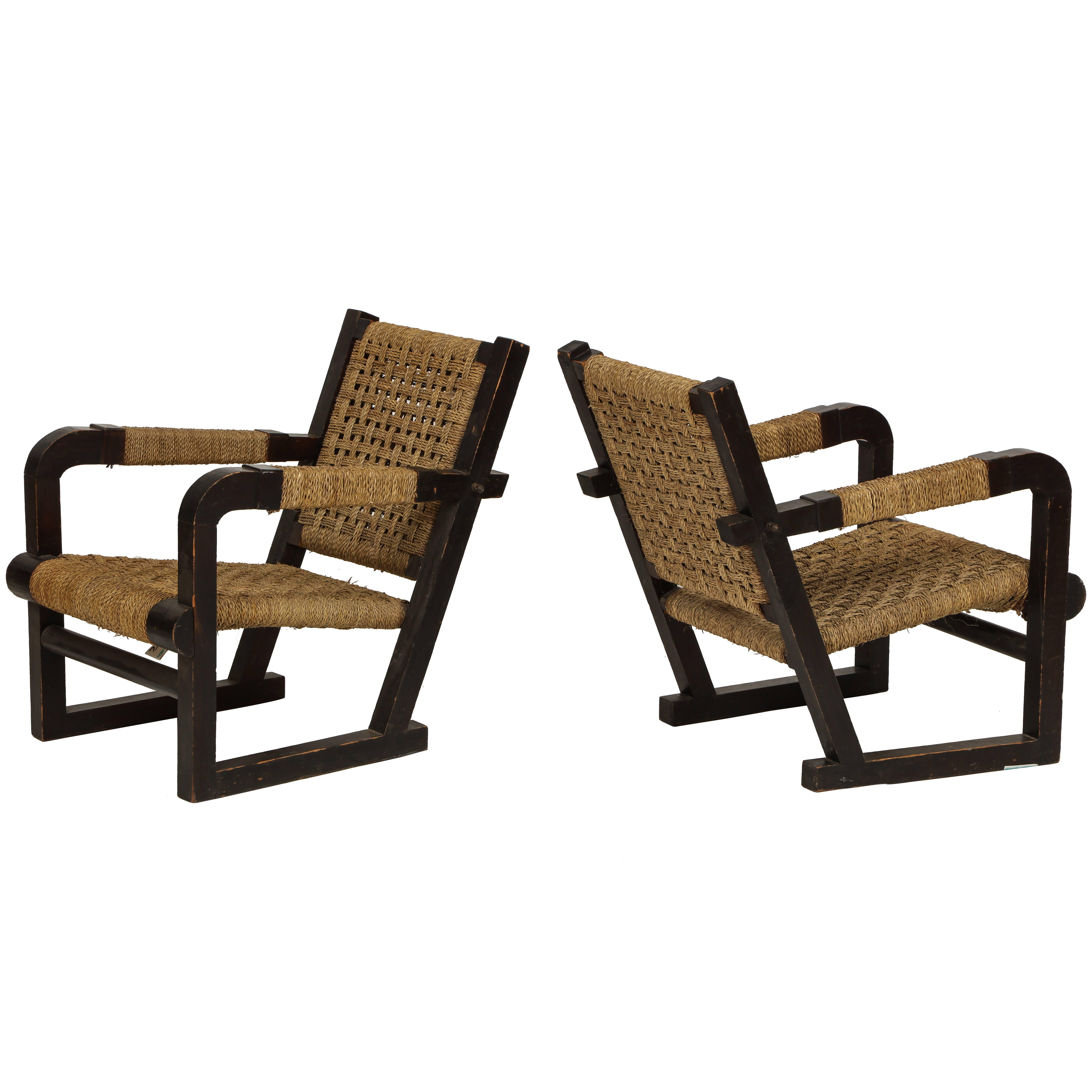 Francis Jourdain Attributed Oak Woven Lounge Chairs, French Deco, 1930s