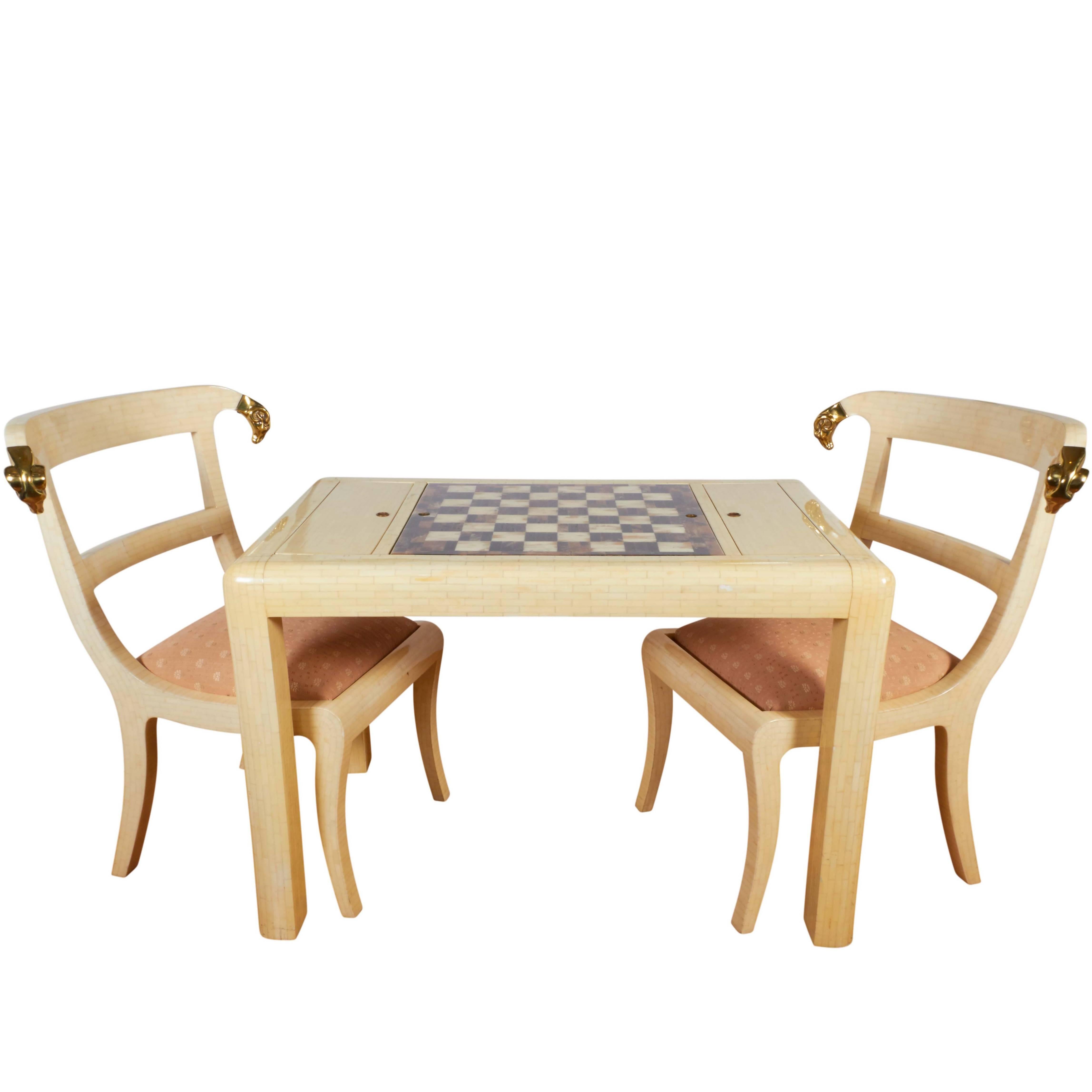 Lacquered Bone Game Table with Anglo-Raj Style Chairs