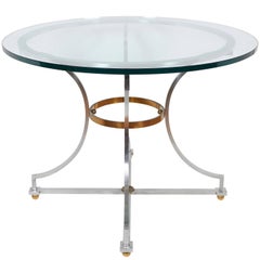 Maison Jansen Style Round Glass Top Table on Brushed Steel and Brass Base