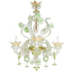 Mid-Century Italian Mint Murano Glass Chandelier with Gold Flake Accent