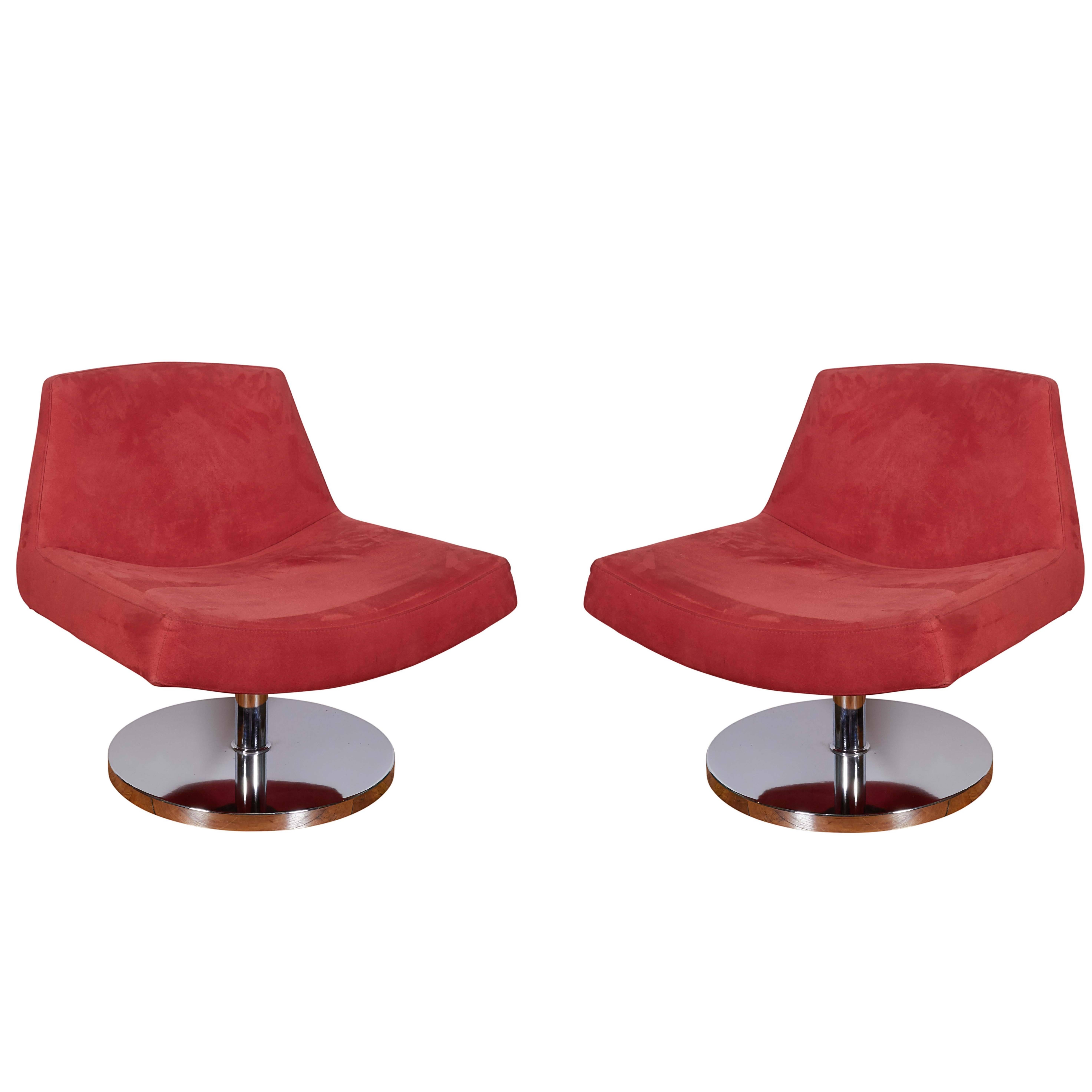 Pair of Modern Swivel Slipper Chairs in Red Suede