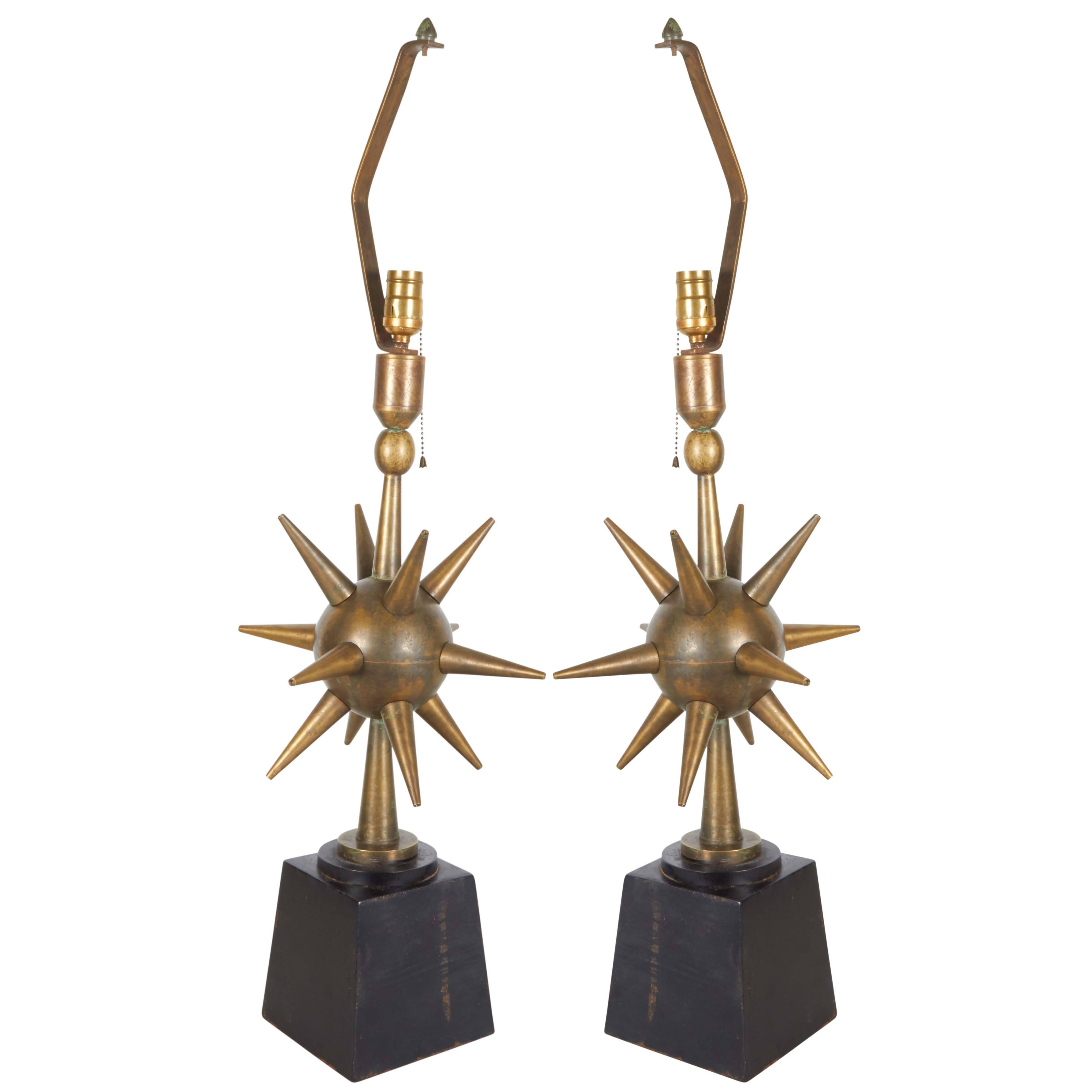 Pair of Arturo Pani Style Atomic Sputnik Bronze Lamps