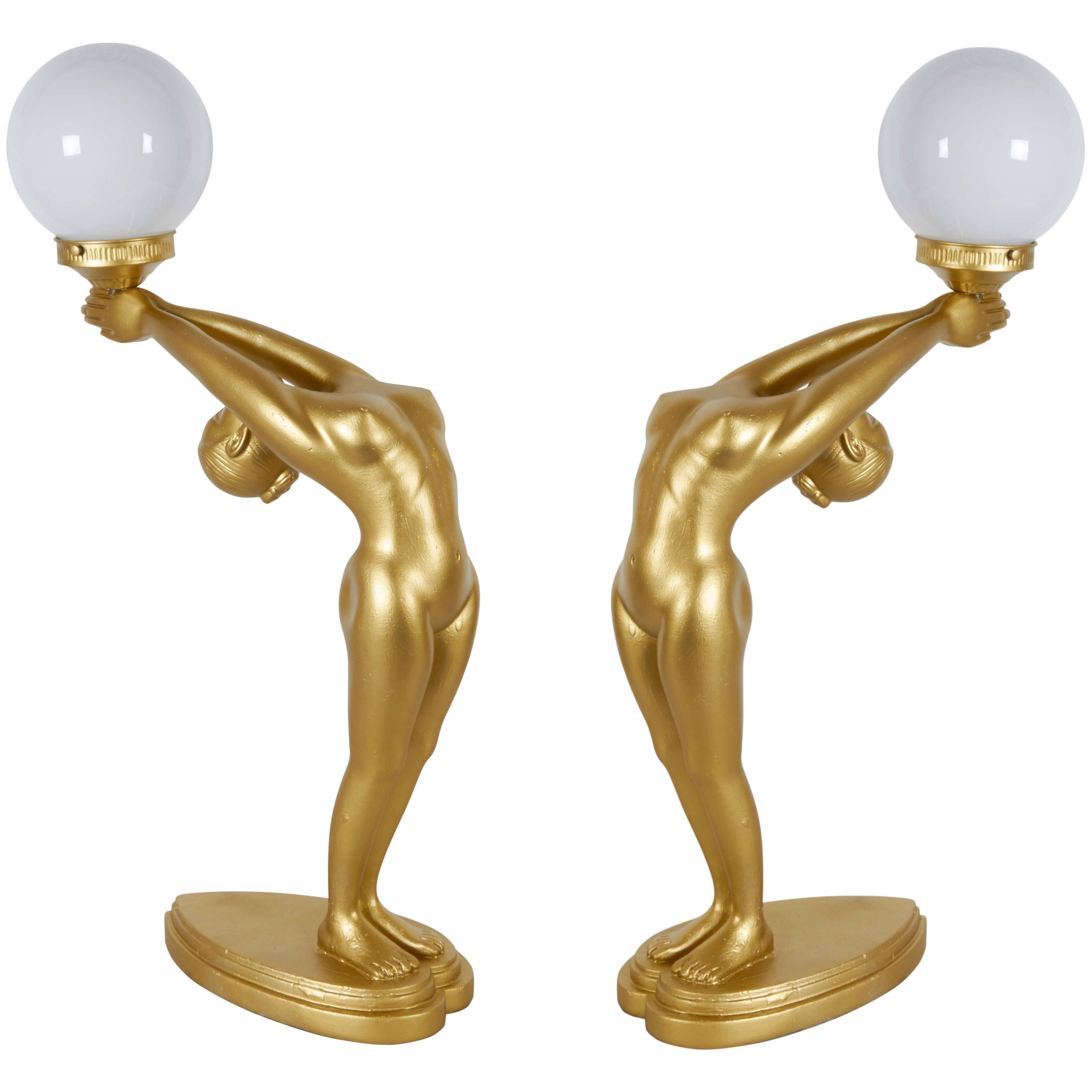 Pair of Figural Art Deco Style Lamps in the Manner of Max Le Verrier