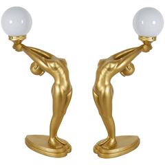 Vintage Pair of Figural Art Deco Style Lamps in the Manner of Max Le Verrier
