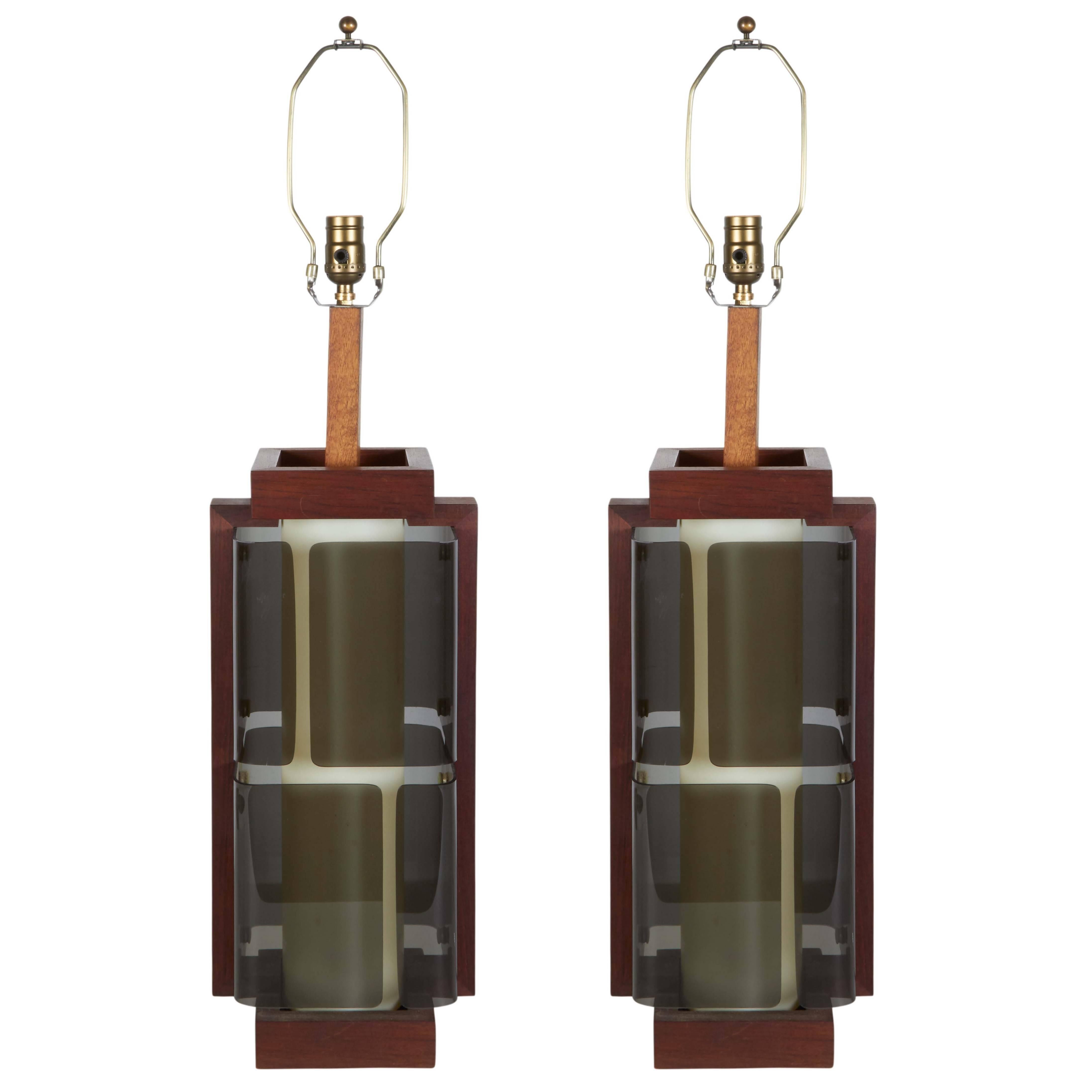 Pair of Smoked Plexiglass Illuminated Lamps with Walnut Frames