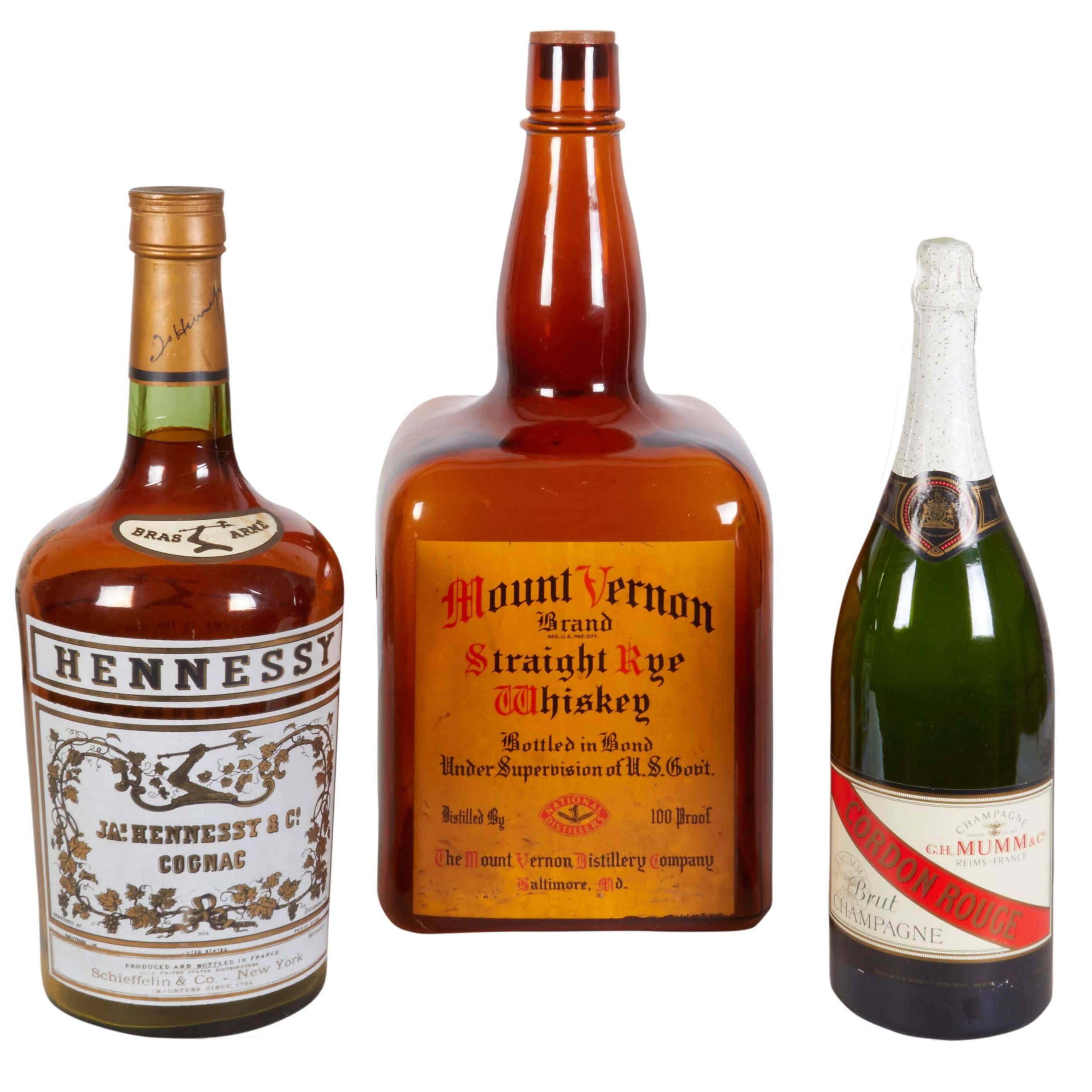 Set of Three Factice Cognac, Whiskey and Champagne Bottles