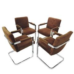 Set of Four Brown Velvet Milo Baughman Chrome Cantilever Dining Chairs