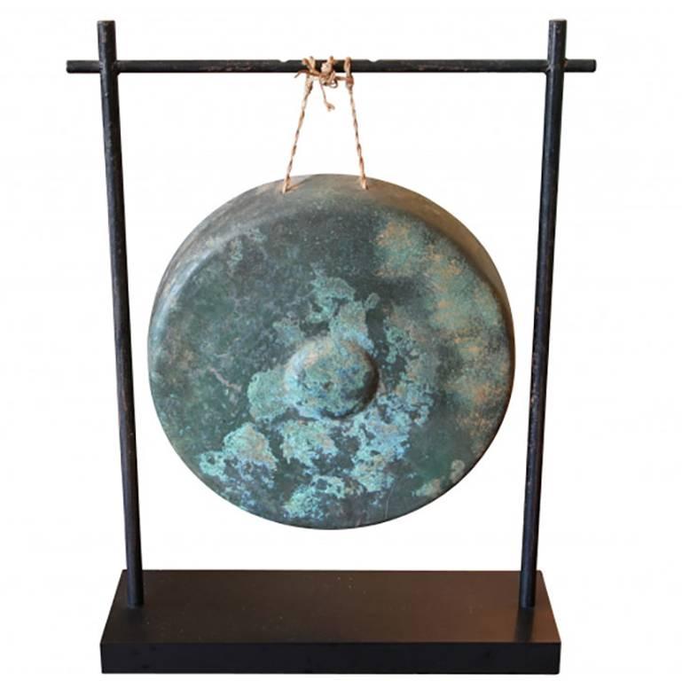 Antique Hanging Cambodian Bronze Gong in Beautiful Green Patina