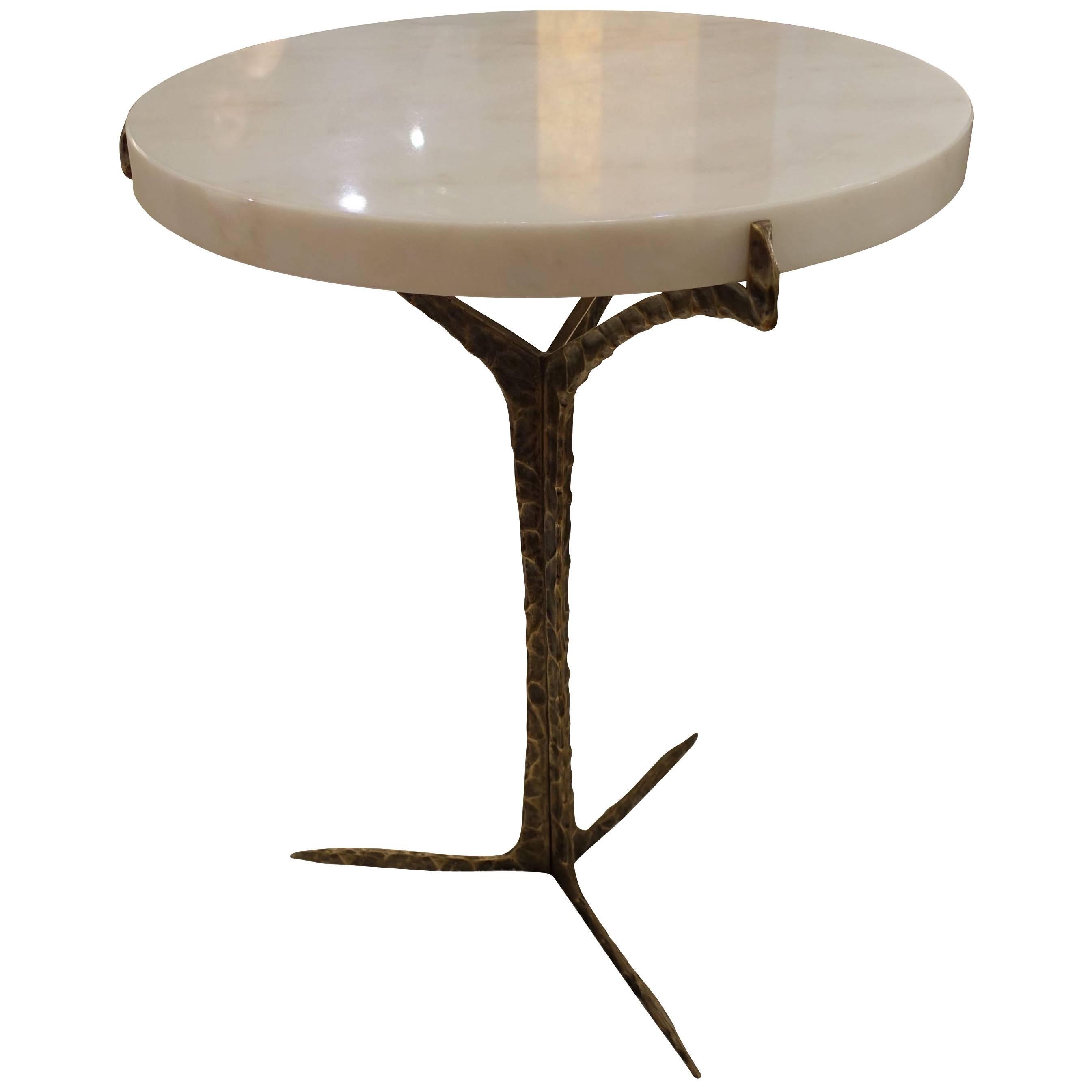 Round White Marble Top, Brass Base Cocktail Table, Portugal, Contemporary
