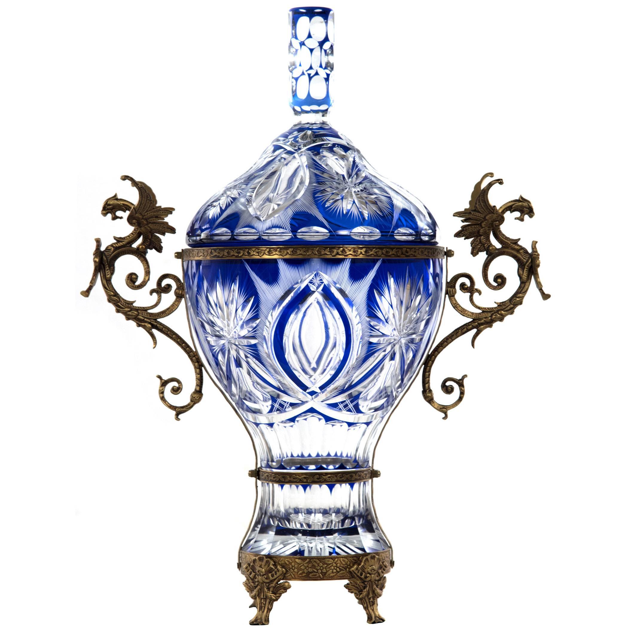 Bronze Mounted Cobalt Cut to Clear Crystal Urn with Figural Wyvern Handle