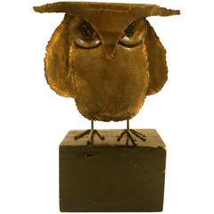 1960s Brutalist Owl Sculpture in the Style of Curtis Jere with Green Glass Eyes