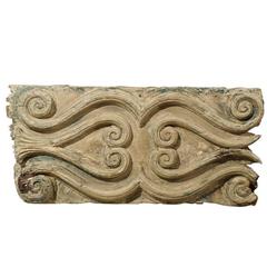 Antique Italian Wood Carved Decorative Wall Plaque, Volute Motifs, Blue/Green Accents