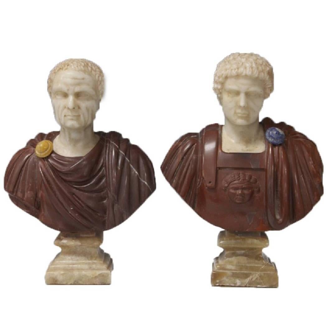Pair of Small Multicolor Marble Roman Busts