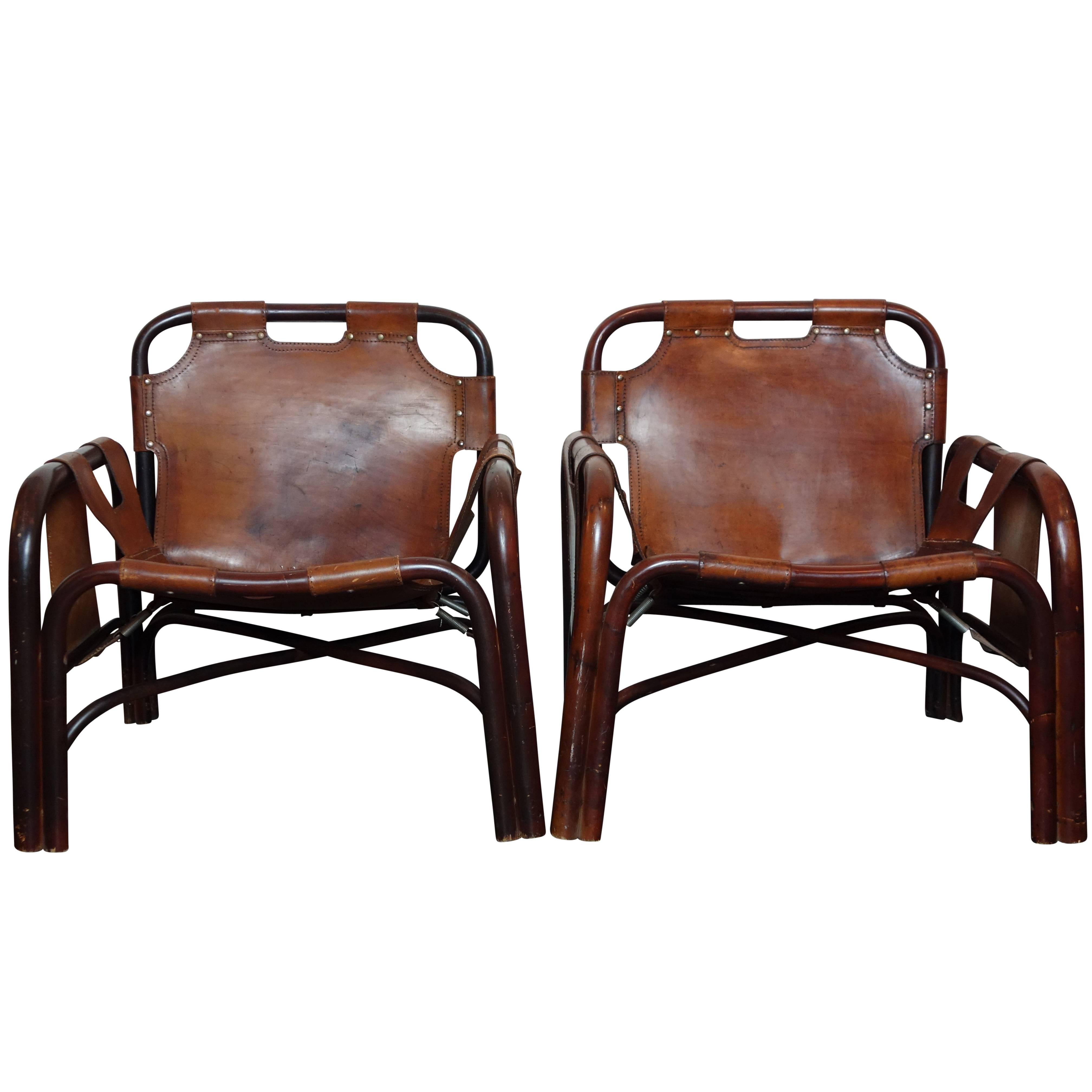 Pair of Italian Leather Safari Chairs in the Style of Arne Norell