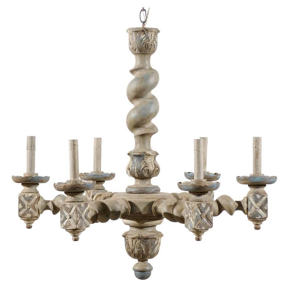 French Six-Light Barley Twist Chandelier with Central Column and Acanthus Leaves