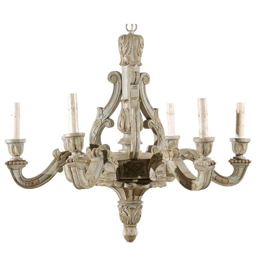 French Vintage Six-Light Wood Chandelier with Ornate Carvings and Scroll Arms