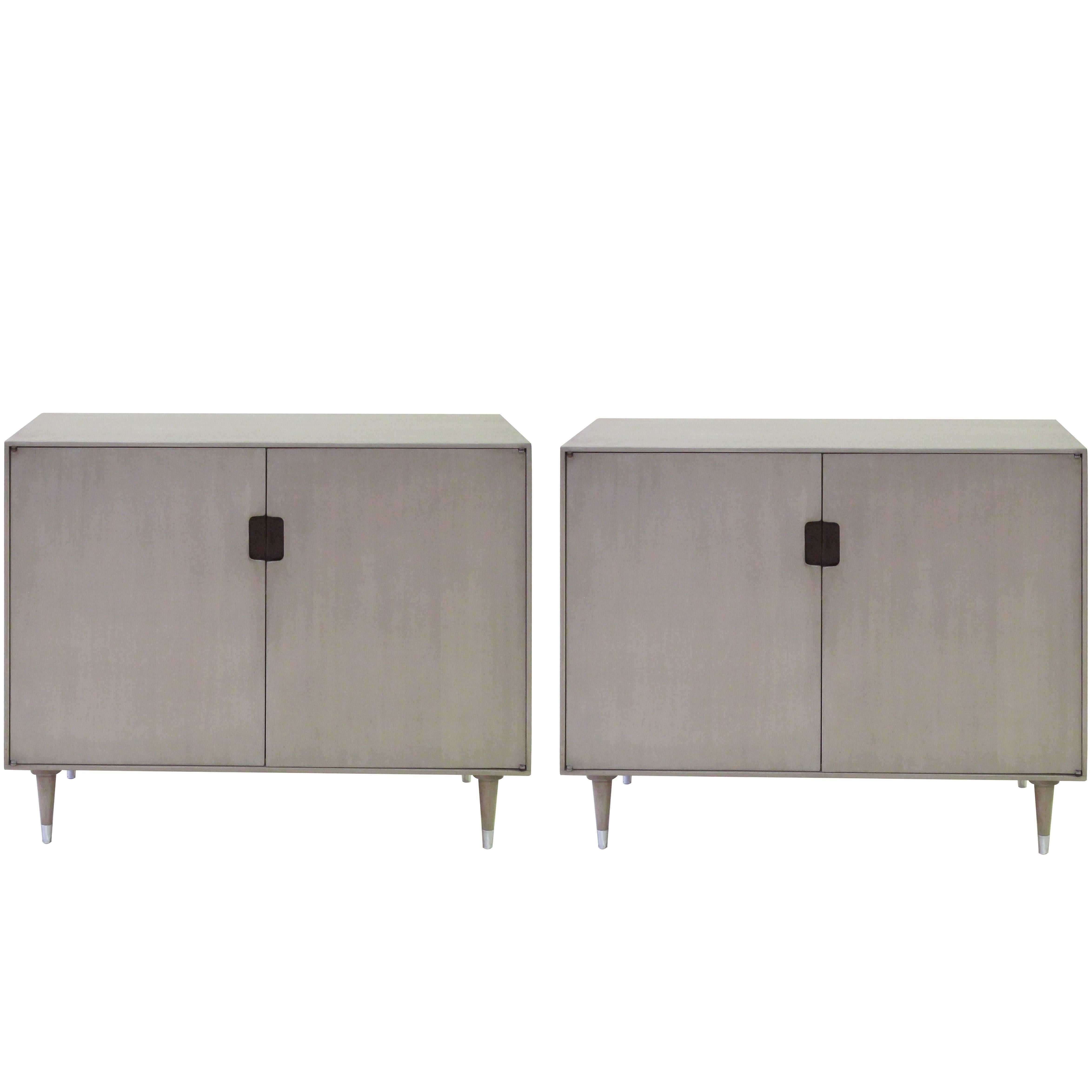 Sleek Pair of Danish Modern Grey-Washed Birchwood Two-Door Console Cabinets