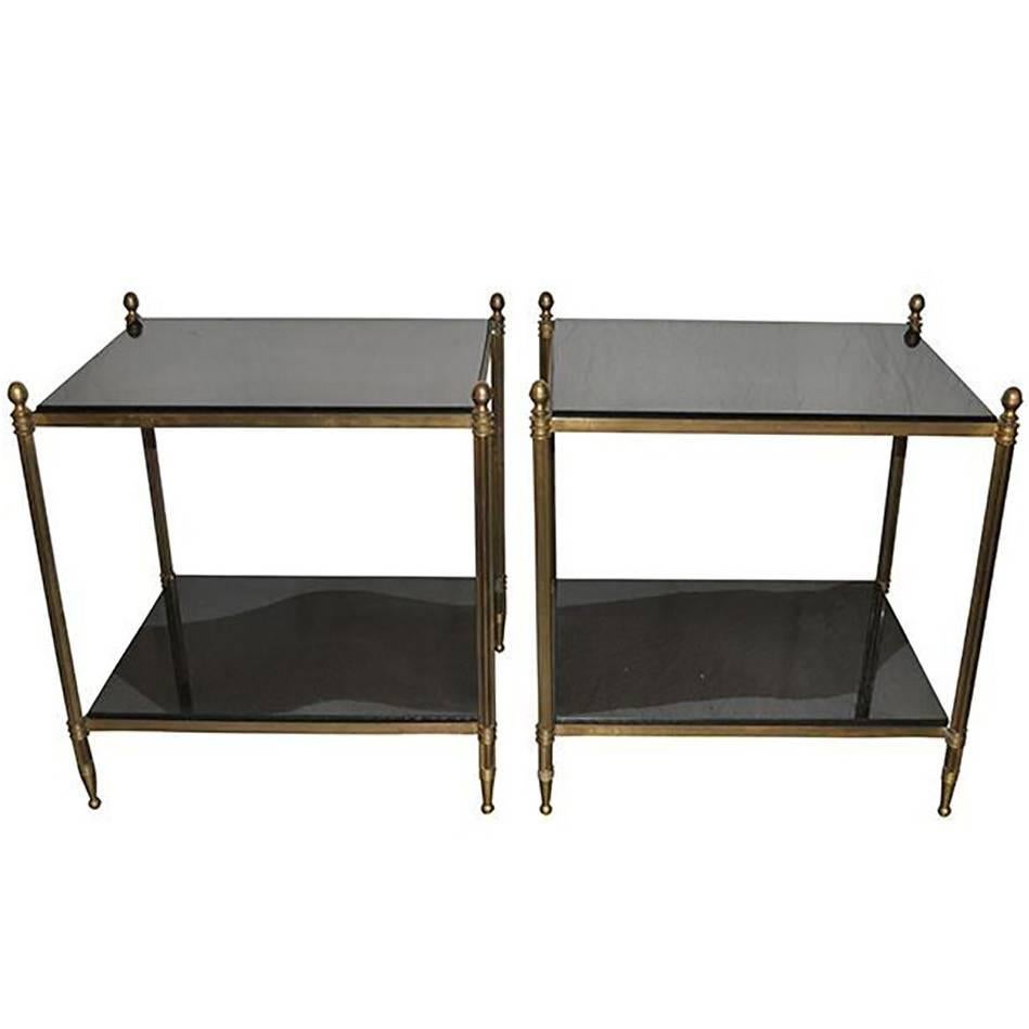Maison Jansen Style Pair of Neoclassic Two Tiers Bronze and Black Opaline Tables