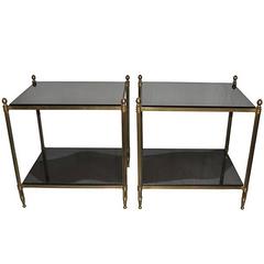 Maison Jansen Style Pair of Neoclassic Two Tiers Bronze and Black Opaline Tables