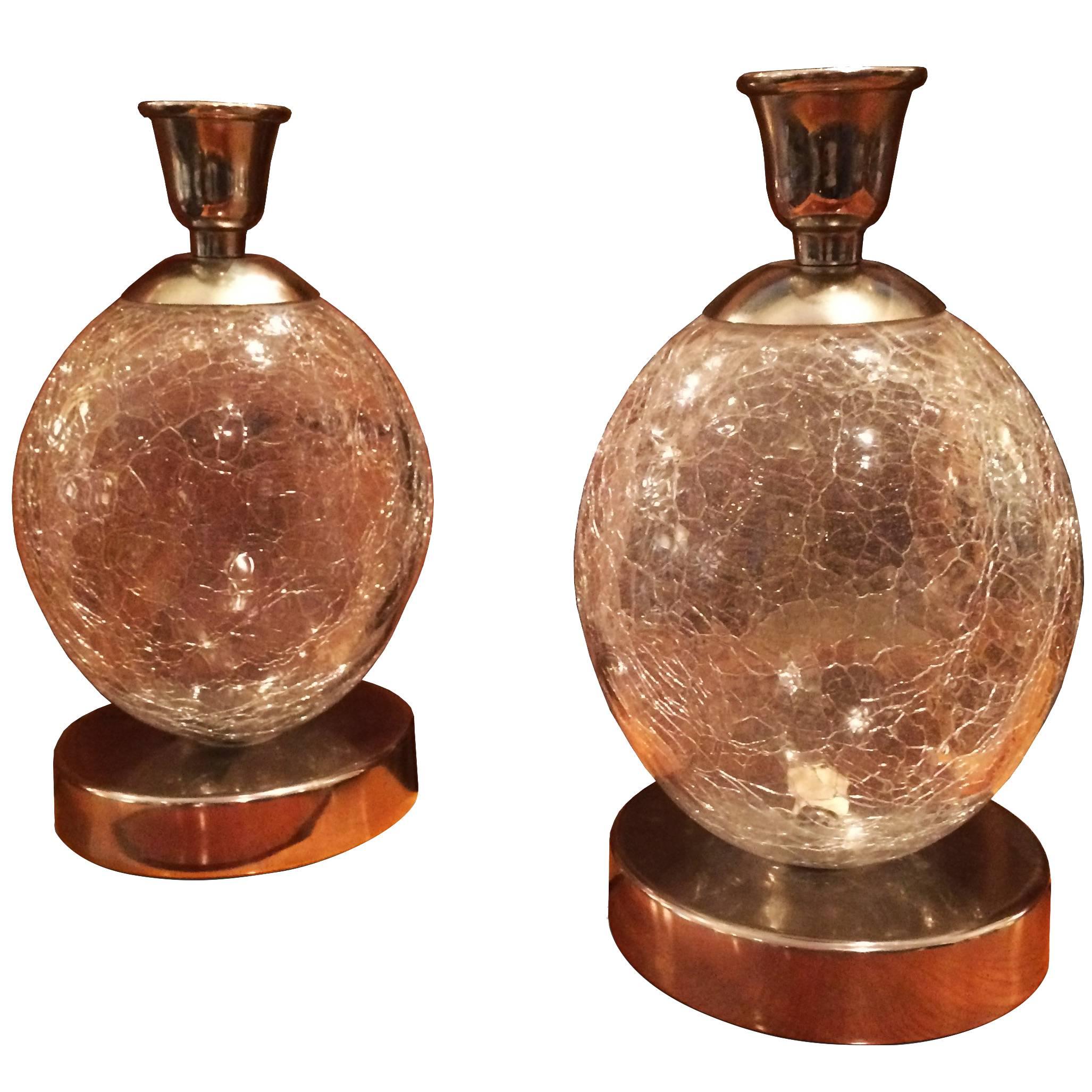 Pair of Crackle-Glass Candleholders For Sale