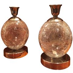 Retro Pair of Crackle-Glass Candleholders