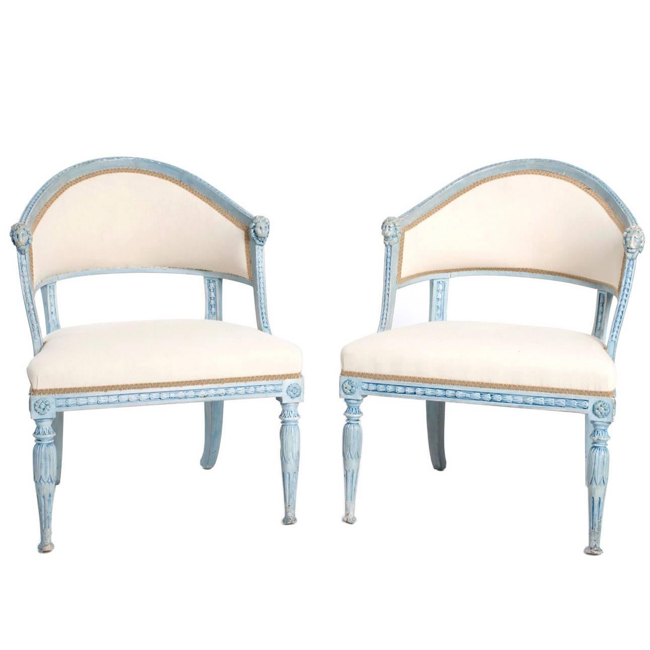 Pair of Blue-Painted Late Gustavian Tub Armchairs For Sale