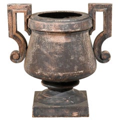 Italian Iron Urn of Medium Size with Two Angular Volutes on Square Iron Base