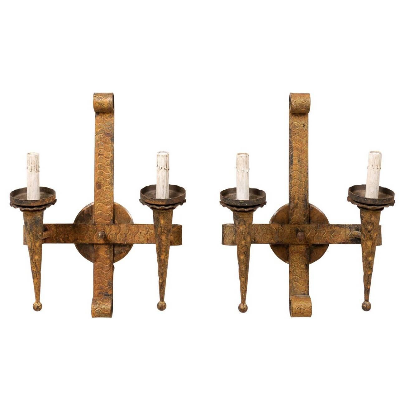 Pair of French Torch Style Gilt Hammered Iron Sconces with Scroll at Top For Sale