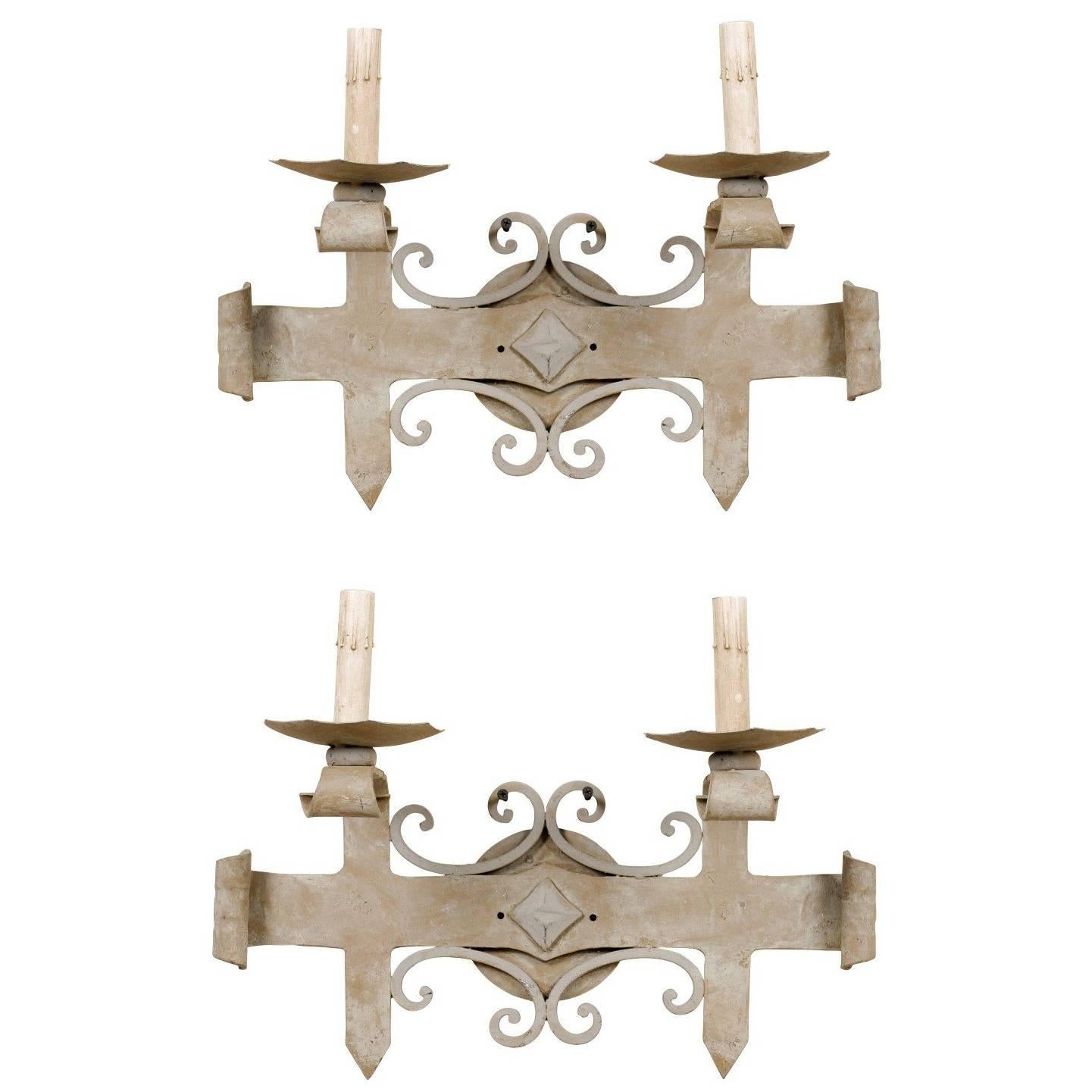 Pair of French Iron Sconces, Soft Blue-Grey Color with Hammered Metal For Sale