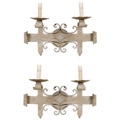 Pair of French Iron Sconces, Soft Blue-Grey Color with Hammered Metal