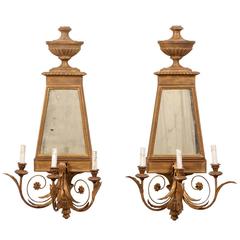 Pair of Italian Mirrored Sconces Made of Wood and Metal in Gold/Bronze Color