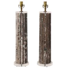 Pair of European Tapered Metal Column Table Lamps with Perfectly Rusted Finish