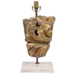 Single Italian Gilded Wood Fragment Table Lamp with Lucite Base