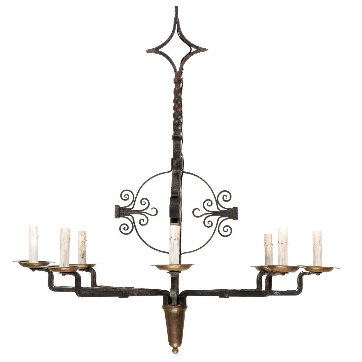 Italian Eight-Light Wrought Iron Chandelier in Black and Dark Gold Color