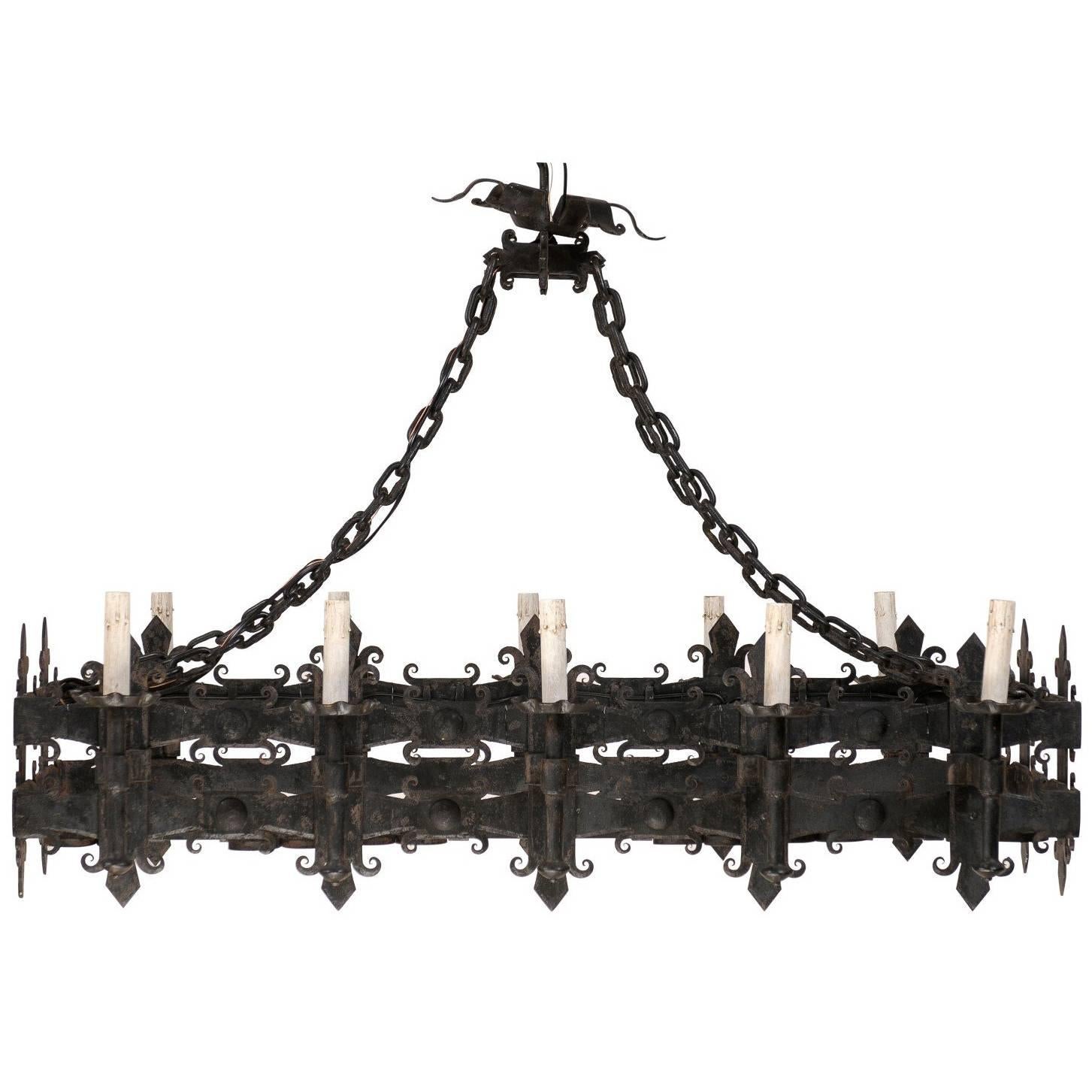 Italian Black Forged Iron Ten-Light Rectangular Chandelier, Fleur de Lys Motif