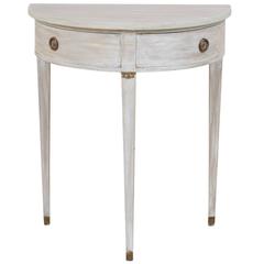 Swedish Pale Blue Painted Demilune Table with Two Drawers & Three Tapered Legs