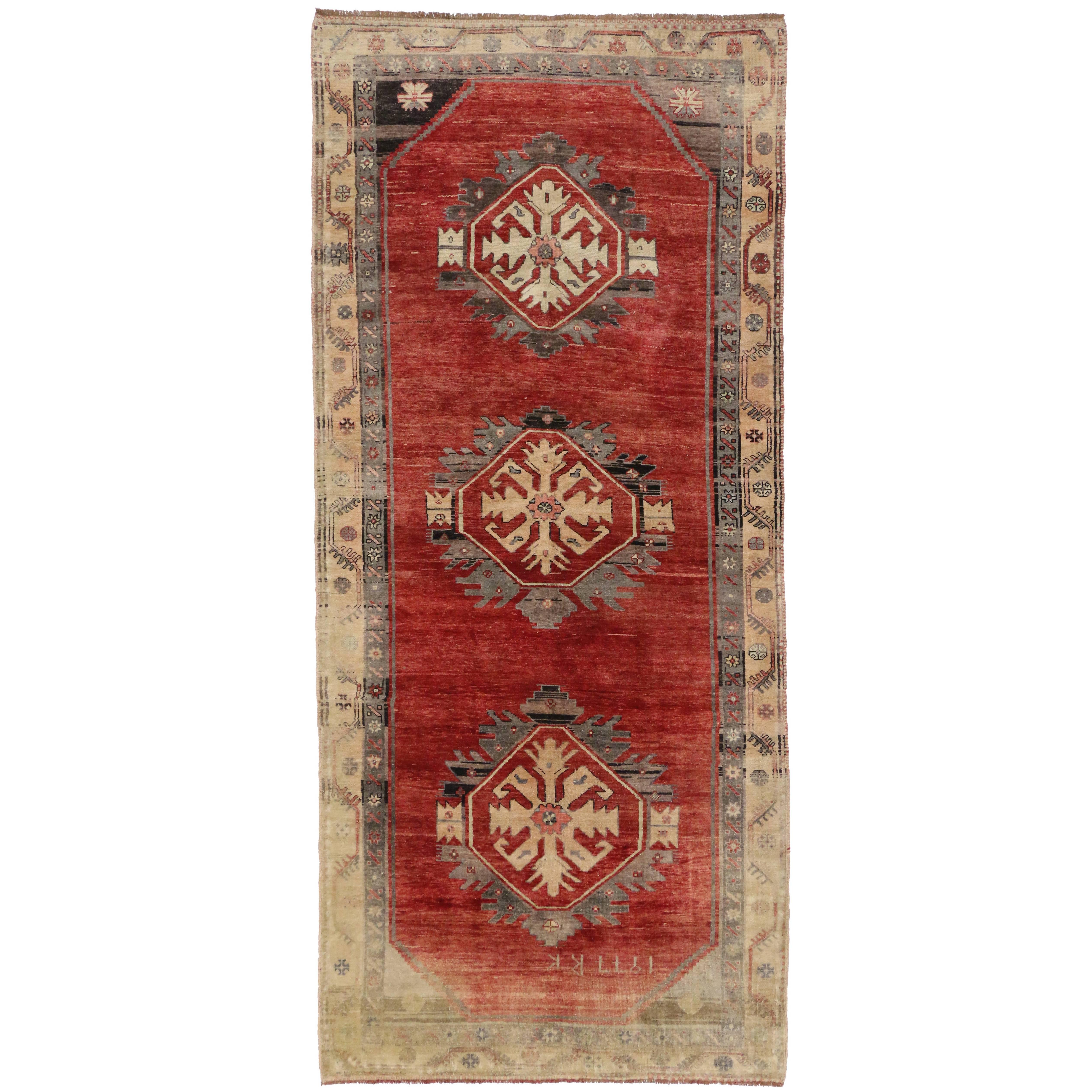 Jacobean Style Vintage Turkish Oushak Gallery Rug, Wide Hallway Runner