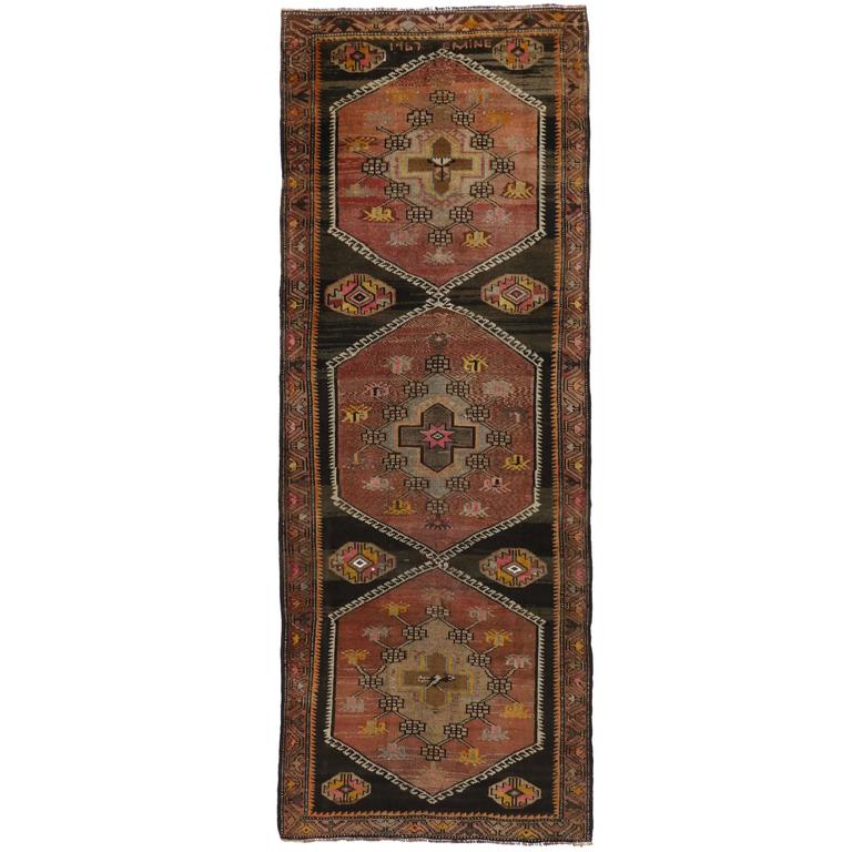 Vintage Turkish Oushak Carpet Runner with MidCentury Modern Style For