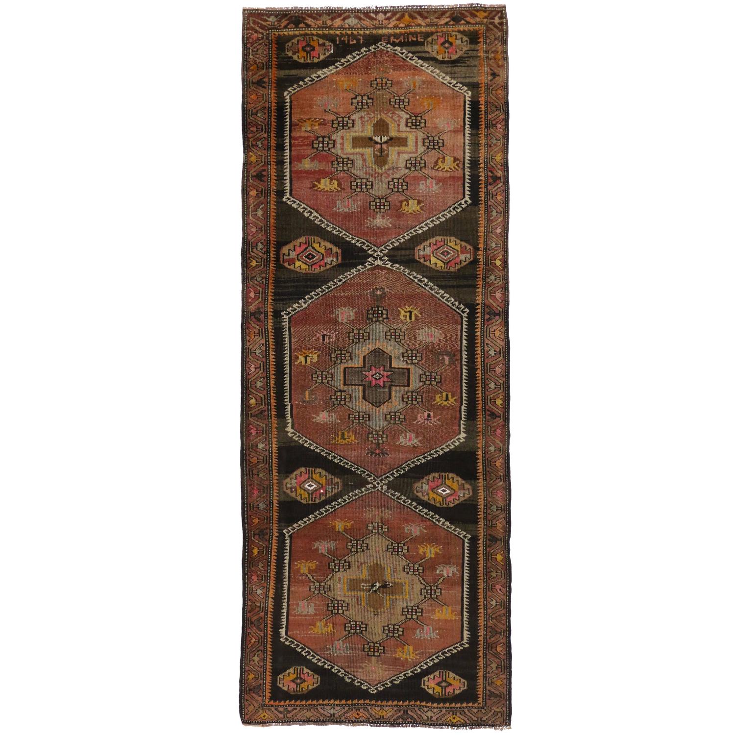 Vintage Turkish Oushak Carpet Runner with MidCentury Modern Style For