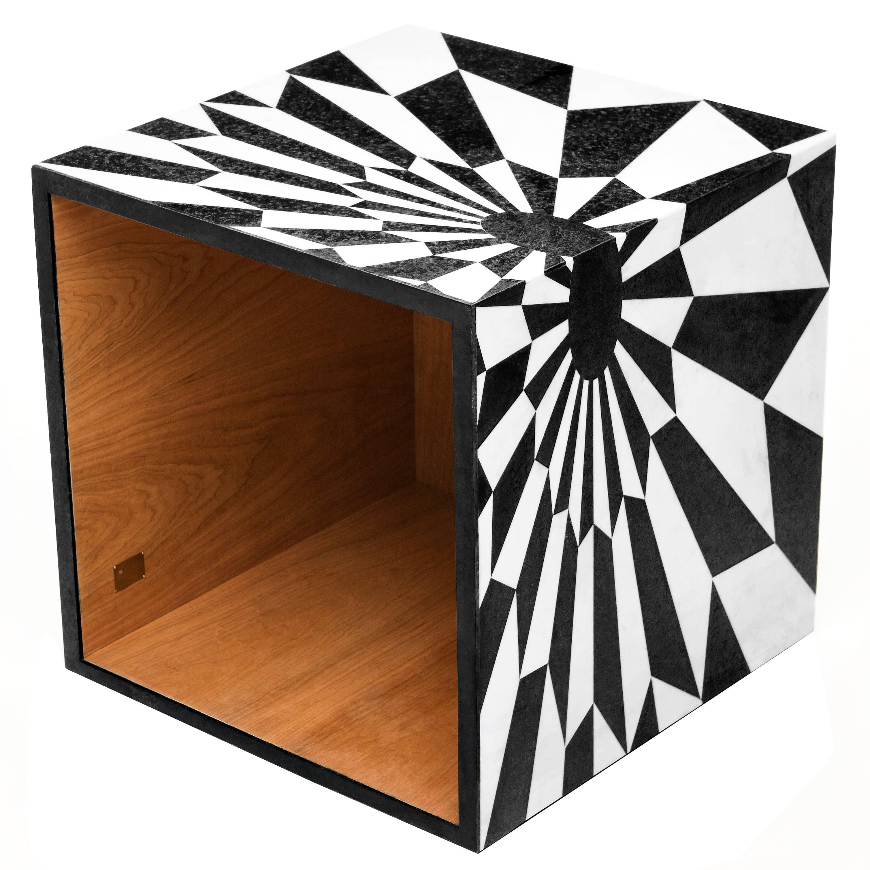 Tectonic Silence Cube Side Table in Marble Marquetry For Sale