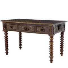 19th Century Carved French Oak Inlaid Writing Table Desk