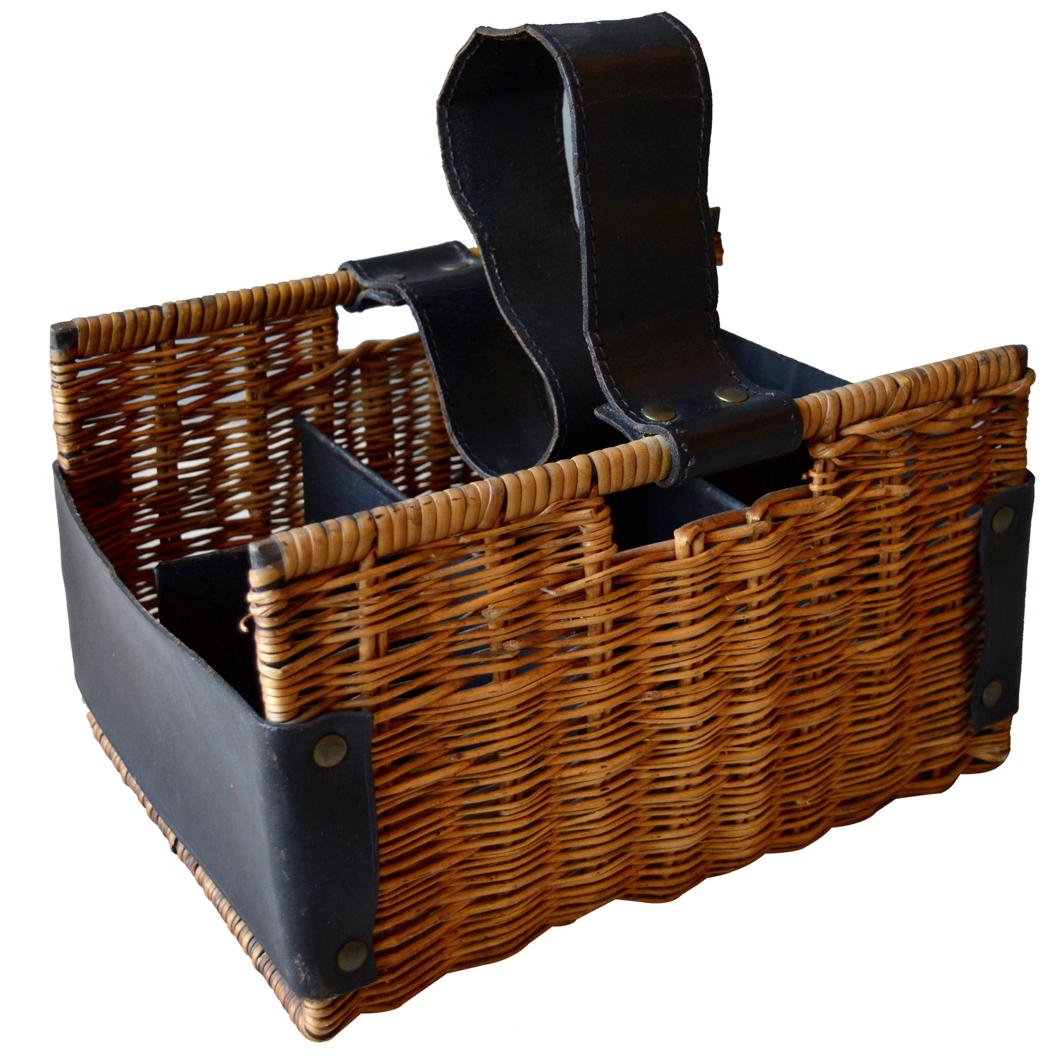 Jacques Adnet Rattan and Leather Wine Basket