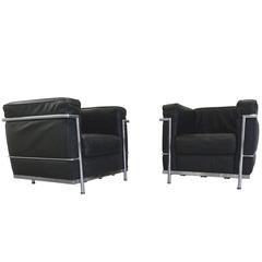 Black Leather Club Chairs in the Manner of Le Corbusier