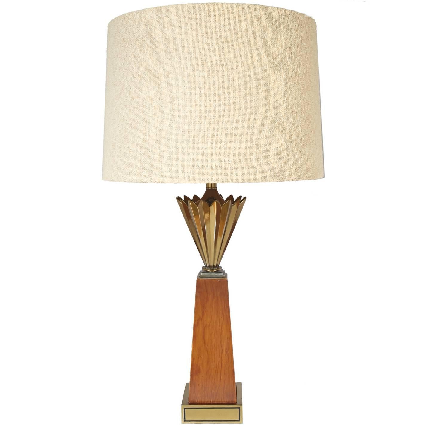 Stiffel Brass and Walnut Mid-Century Modern Obelisk Table Lamp with Brass Crown For Sale