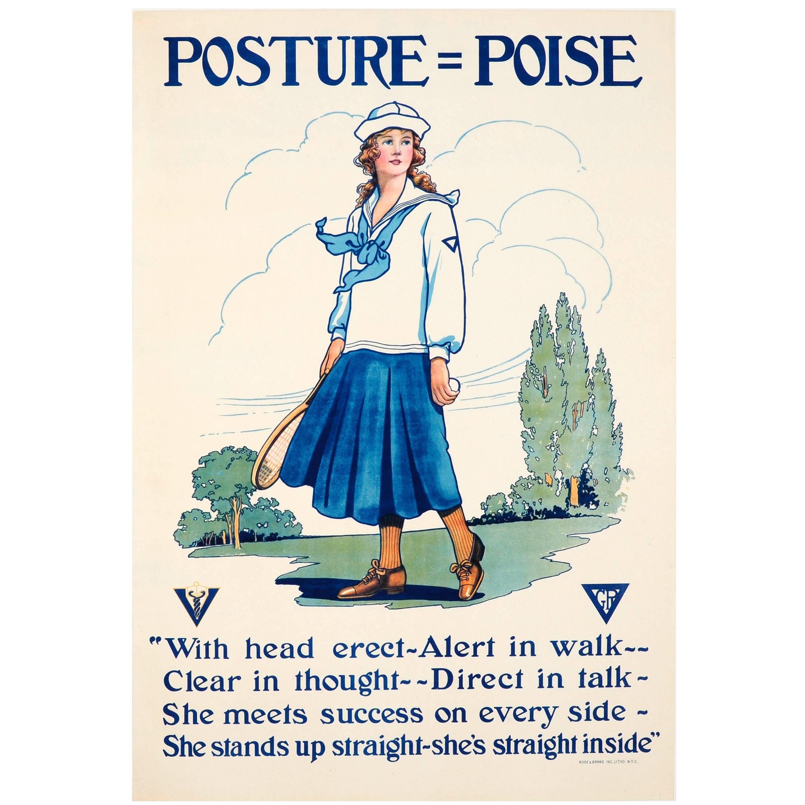 Original Vintage YWCA Motivational Health Poster Posture Poise Featuring Tennis