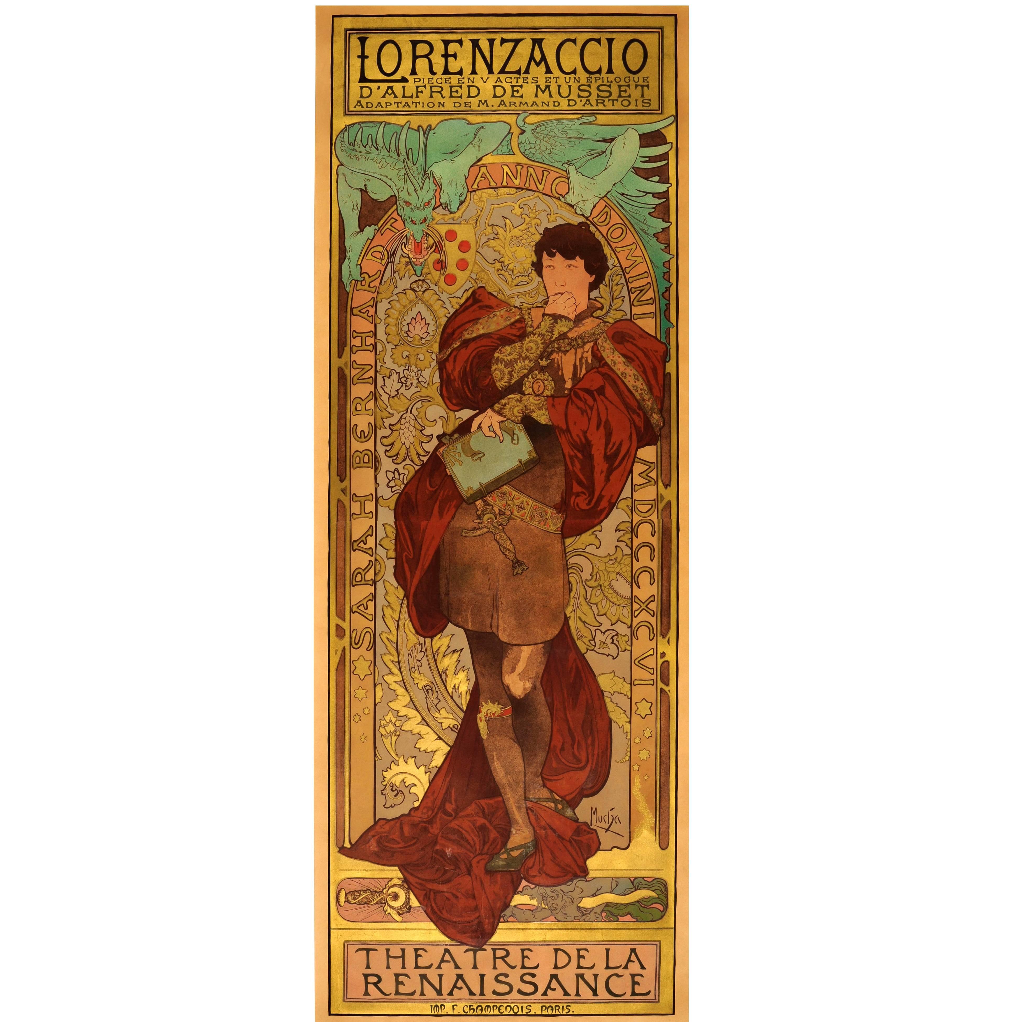 Affiche de théâtre ancienne originale par Mucha - Lorenzaccio avec Sarah Bernhardt