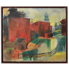 Walnut Framed Cityscape with Red Buildings